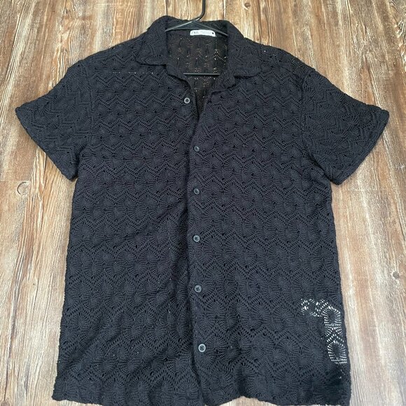 Zara Lace Camp Collar Shirt Black Bode Style Short Sleeve - Picture 1 of 7